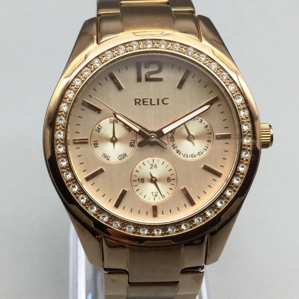 Relic Womens 37mm Gold Tone Watch Crystals Day Date Stainless New Battery 6.5
